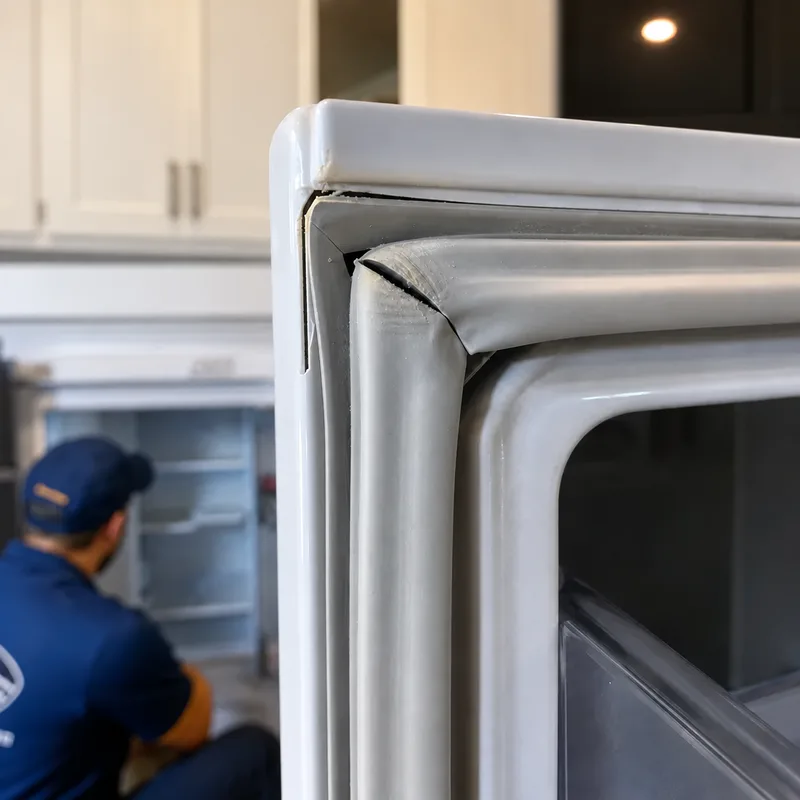 Worn refrigerator door gasket with visible gaps near a corner