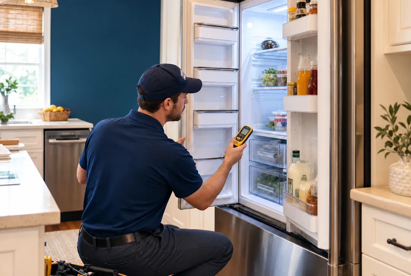 Refrigerator with its doors open while a contractor checks temperature and airflow in a home kitchen