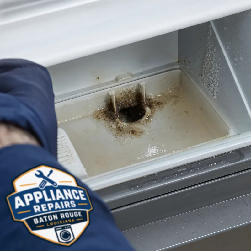 Clogged defrost drain area with pooled water and debris