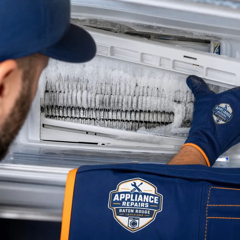 Frost and ice buildup behind an evaporator cover inside a freezer compartment