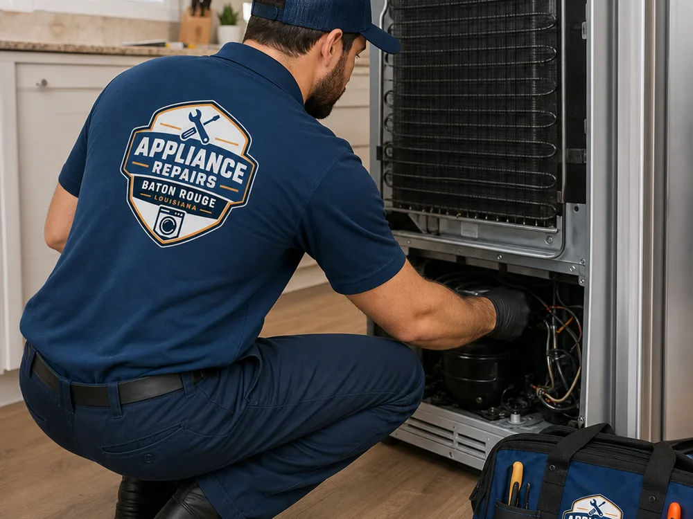 Contractor pulling a refrigerator forward to inspect rear components