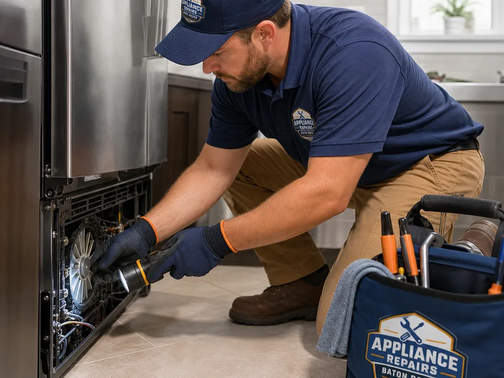 Contractor inspecting refrigerator condenser fan and coils with a flashlight