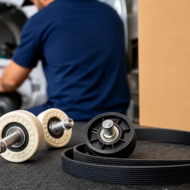 Dryer drum rollers, idler pulley, and drive belt arranged on a work surface