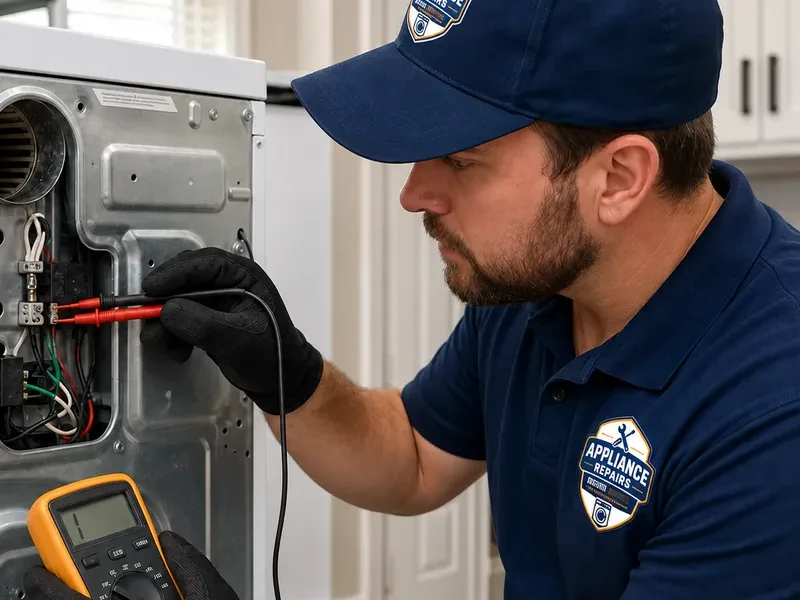 Contractor checking dryer wiring and thermal components with a multimeter after removing the rear access panel