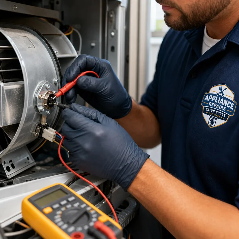 Contractor testing a dryer thermal fuse on the blower housing with a multimeter
