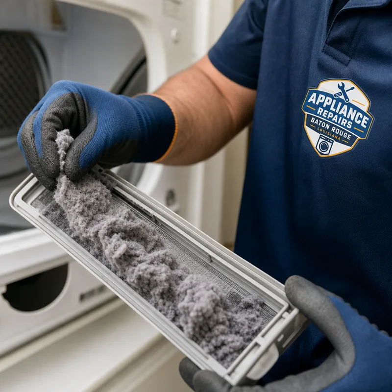 Lint buildup being removed from a clogged dryer lint screen housing during inspection