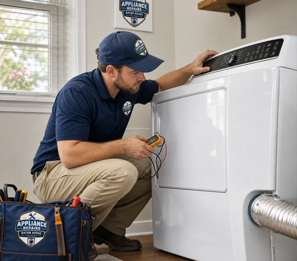 Contractor inspecting a residential clothes dryer control panel and vent connection with diagnostic tools