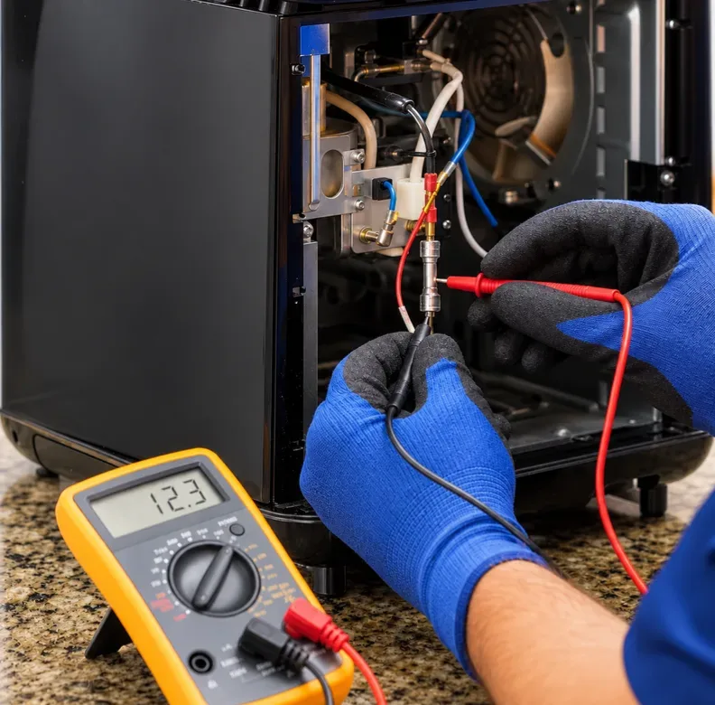 Thermal fuse and wiring harness being tested with a multimeter inside a small countertop cooking appliance