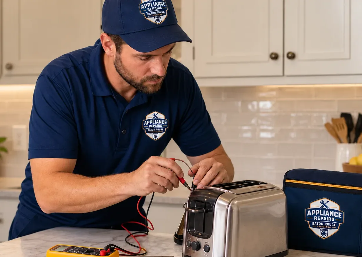 Contractor troubleshooting a countertop appliance with a multimeter and hand tools in a neutral kitchen