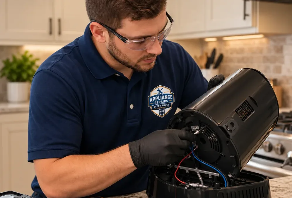 Contractor opening a countertop appliance to access its wiring and thermal fuse with tools arranged nearby