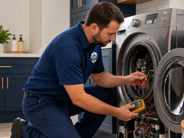 Contractor inspecting a washer drain hose and pump access panel in a residential laundry room