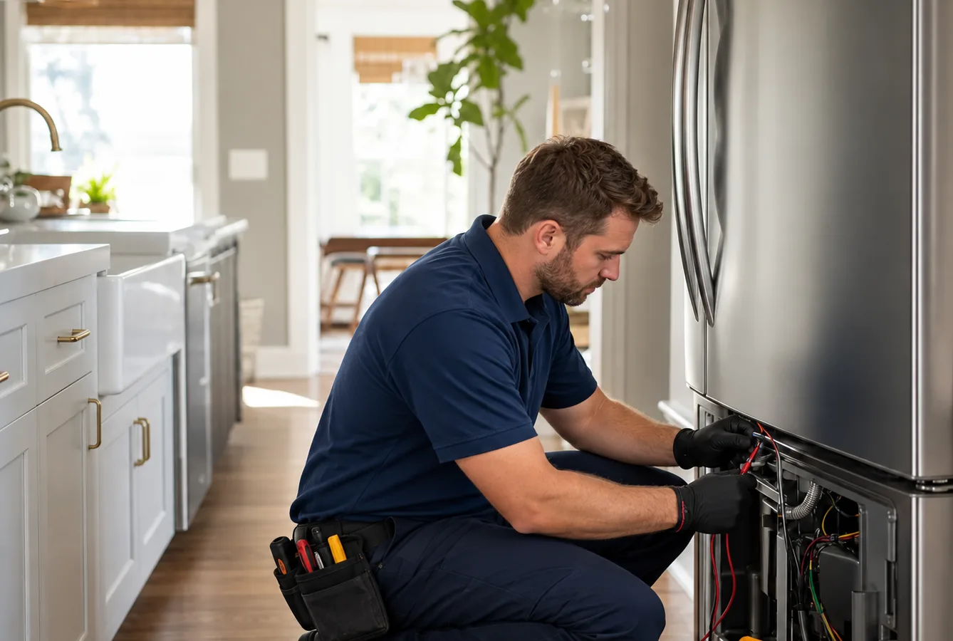 Technician diagnosing a household appliance in a Baton Rouge kitchen with tools and a multimeter