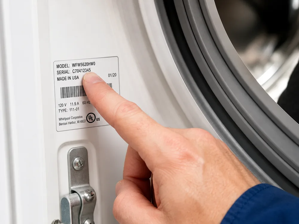 Hand pointing to an appliance model and serial tag inside a door frame