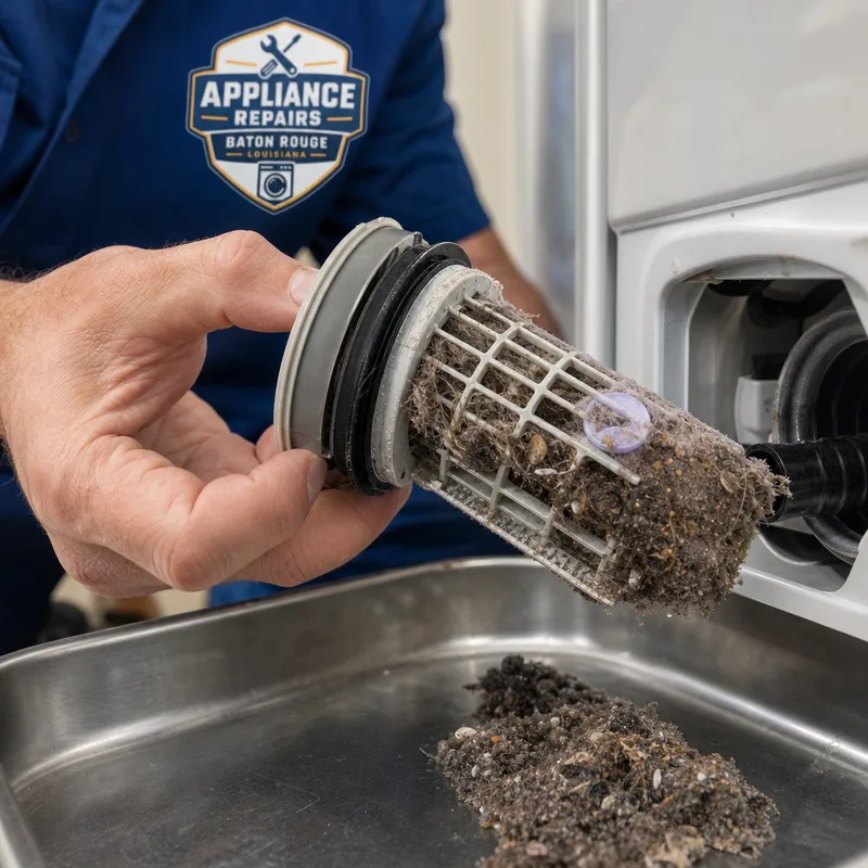 Washer drain filter being opened over a shallow pan to inspect debris