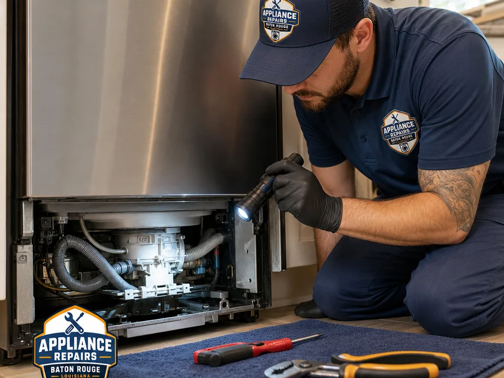 Dishwasher inlet valve and drain line being inspected with the kick plate removed