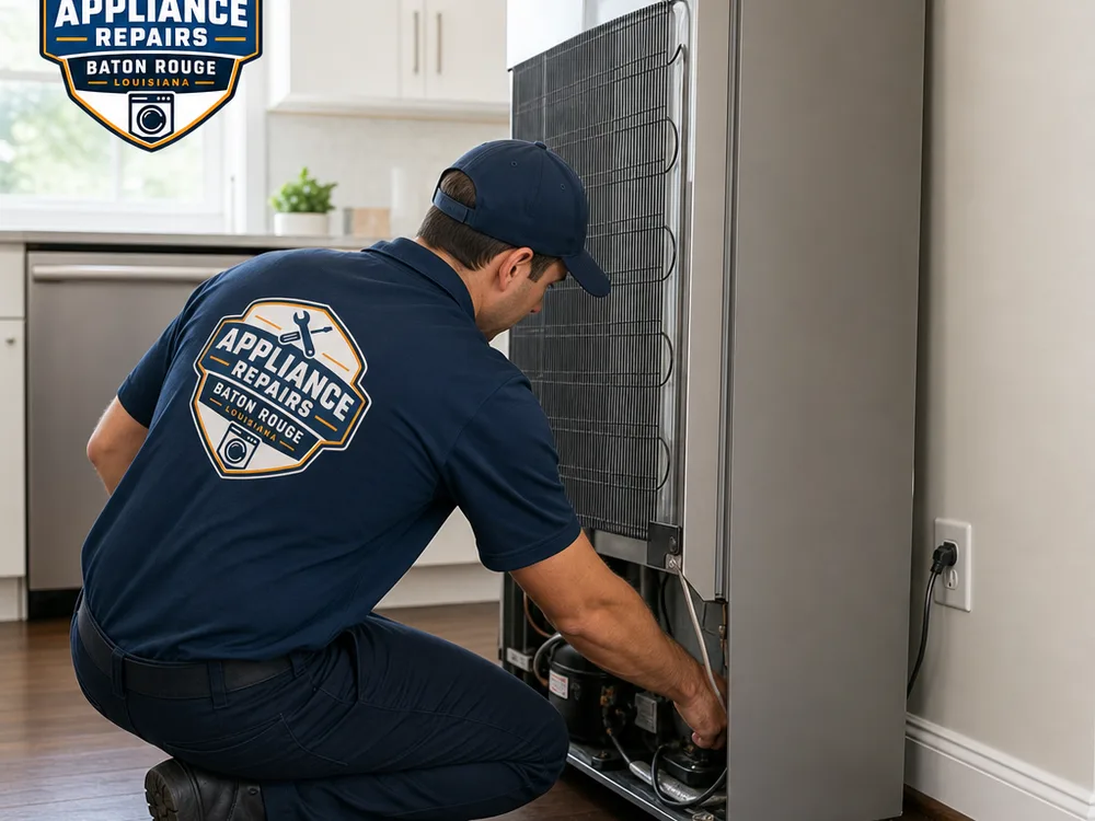 Technician inspecting a refrigerator condenser area and power connection