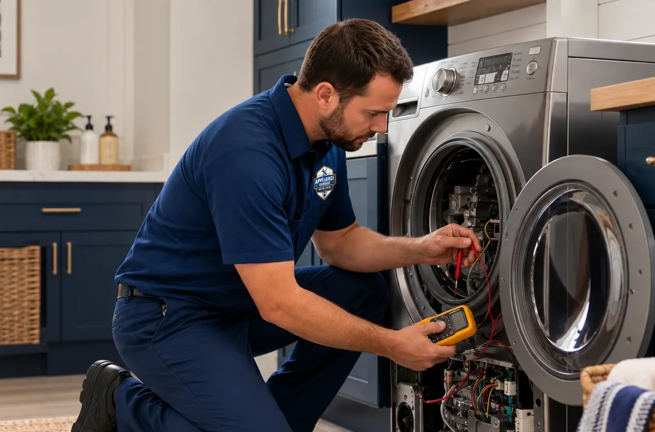 Washer in a Baton Rouge laundry room with its front panel open while a contractor diagnoses it with a multimeter