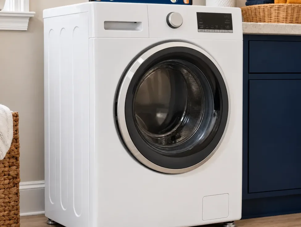 Washing machine leveled in a laundry room with adjusted feet and a small level on its top panel