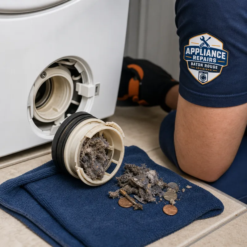 Clogged washing machine drain-pump filter with lint, coins, and debris beside the filter housing