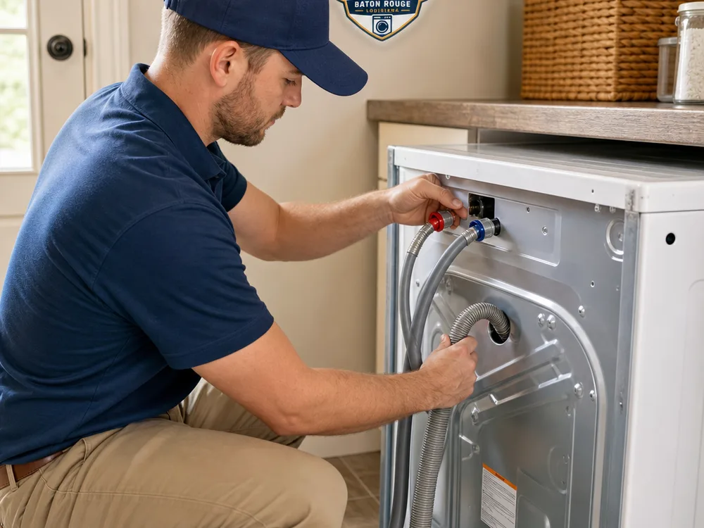 Contractor inspecting a washing machine's water inlet hoses and drain-hose connection