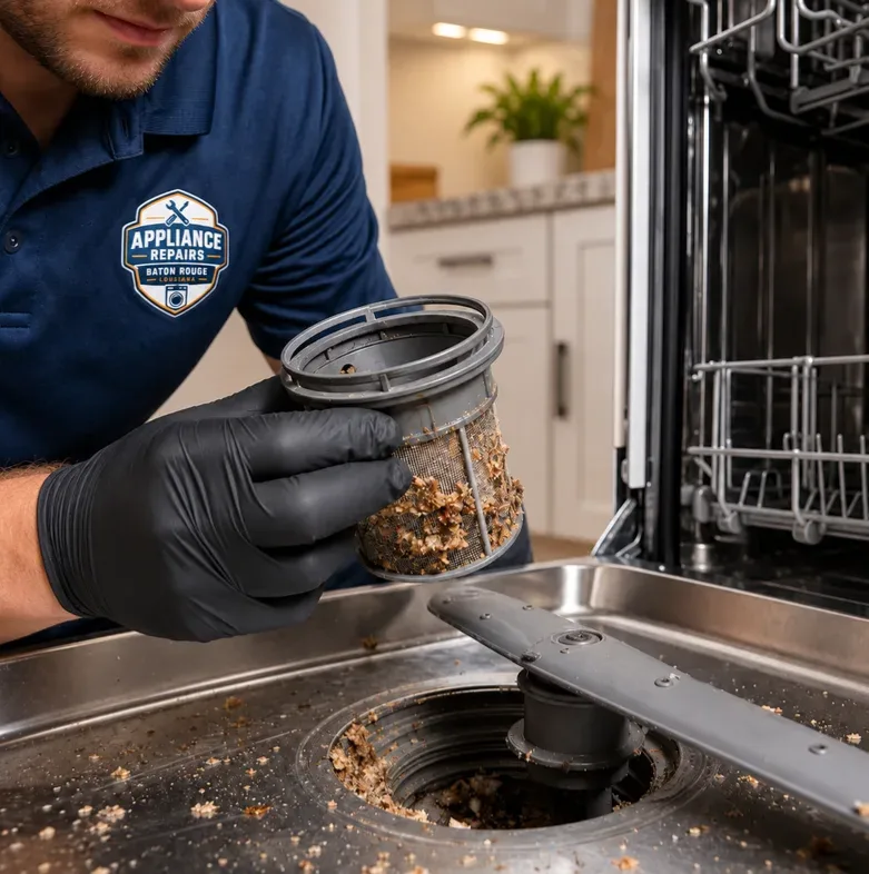 Dishwasher filter and sump area with visible debris buildup