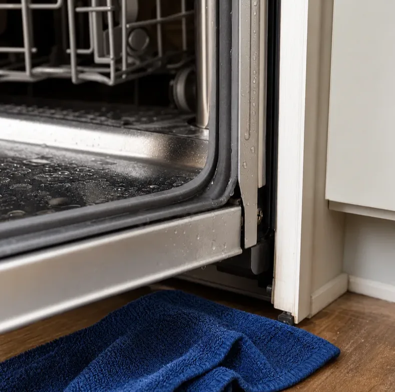 Dishwasher door gasket and lower corner with water beads and a towel on the floor