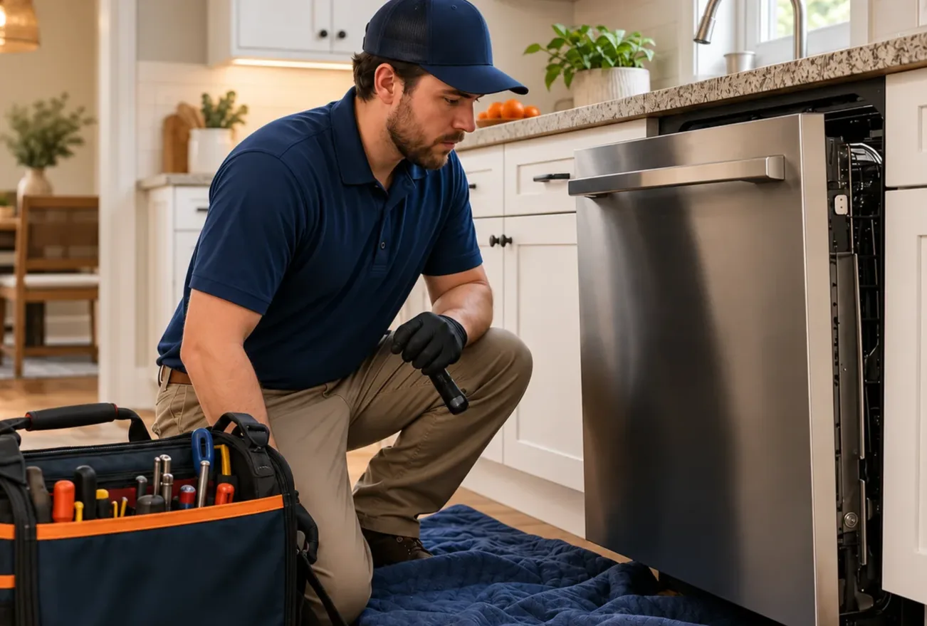 Built-in dishwasher pulled slightly out from a kitchen counter while a contractor prepares to diagnose a suspected leak