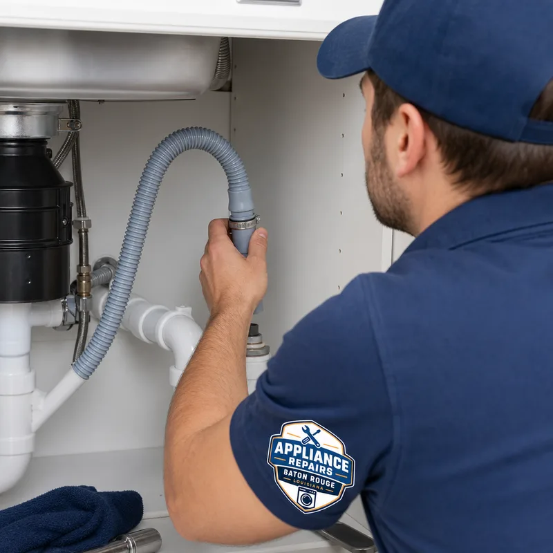 Dishwasher drain hose routed in a high loop under a kitchen sink