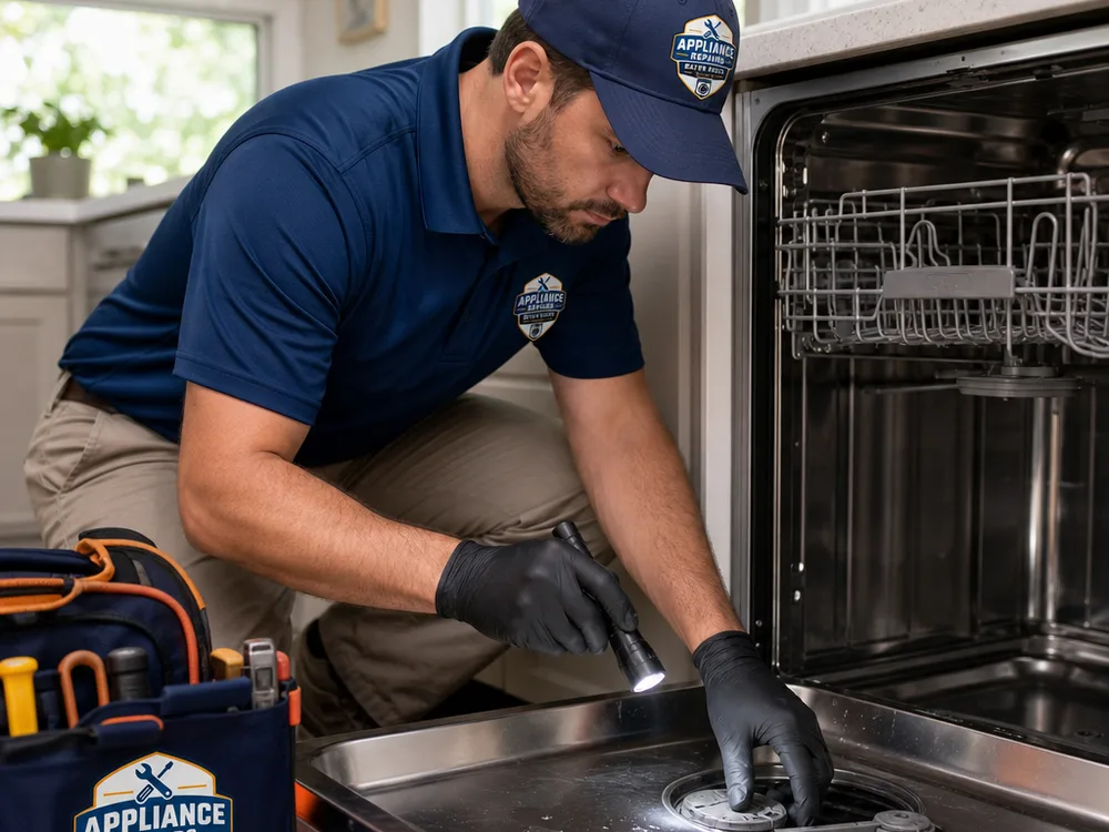 Contractor inspecting a dishwasher lower spray arm and filter area with a flashlight