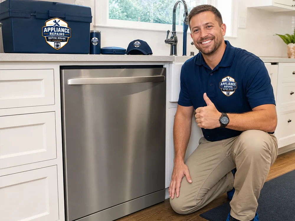 Dishwasher reinstalled flush under the counter after repair with a clean work area